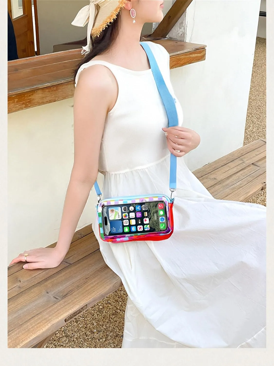 DQL Cute Design Phone case with Lanyard，Neck Phone Holder, Cross Body iPhone Case Holder Wallet for Women, Lightweight Fabric (Rainbow Plaid)