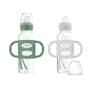 Dr. Brown's Milestones Narrow Sippy Spout Bottle with 100% Silicone Handles, Easy-Grip Handles with Soft Sippy Spout, 8oz/250mL, Green & Gray, 2-Pack, 6m 