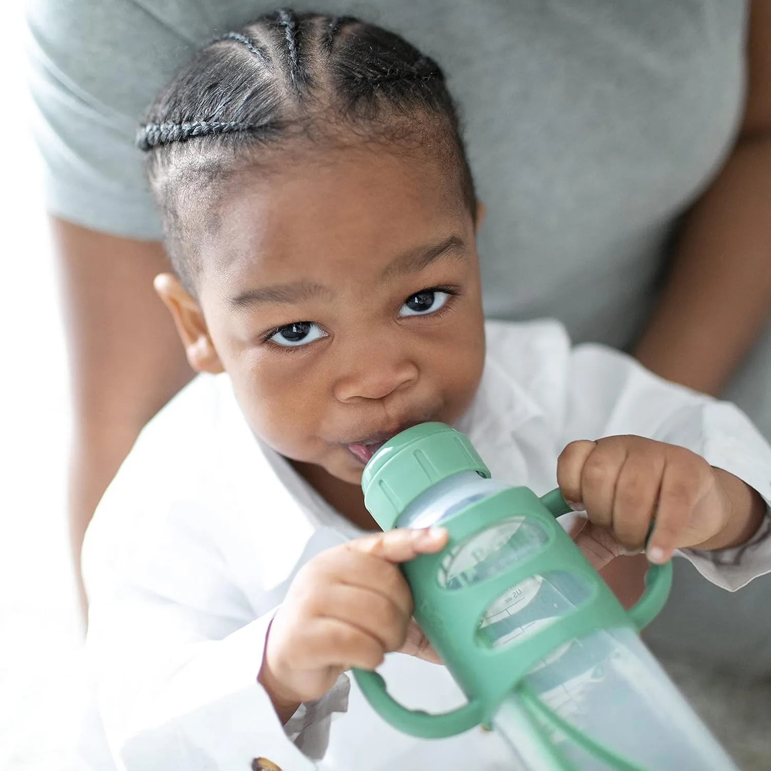 Dr. Brown's Milestones Narrow Sippy Spout Bottle with 100% Silicone Handles, Easy-Grip Handles with Soft Sippy Spout, 8oz/250mL, Green & Gray, 2-Pack, 6m 