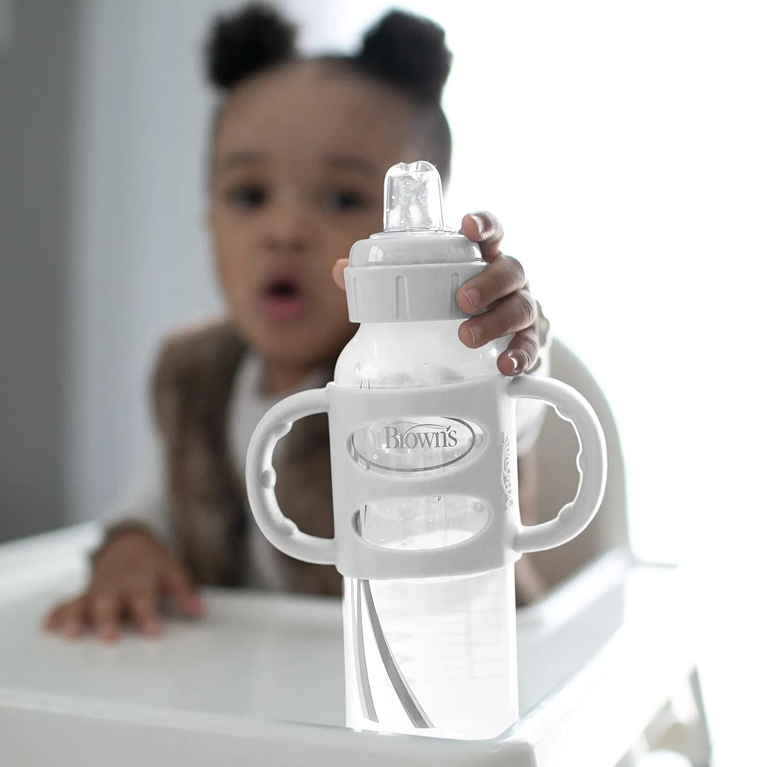 Dr. Brown's Milestones Narrow Sippy Spout Bottle with 100% Silicone Handles, Easy-Grip Handles with Soft Sippy Spout, 8oz/250mL, Green & Gray, 2-Pack, 6m 