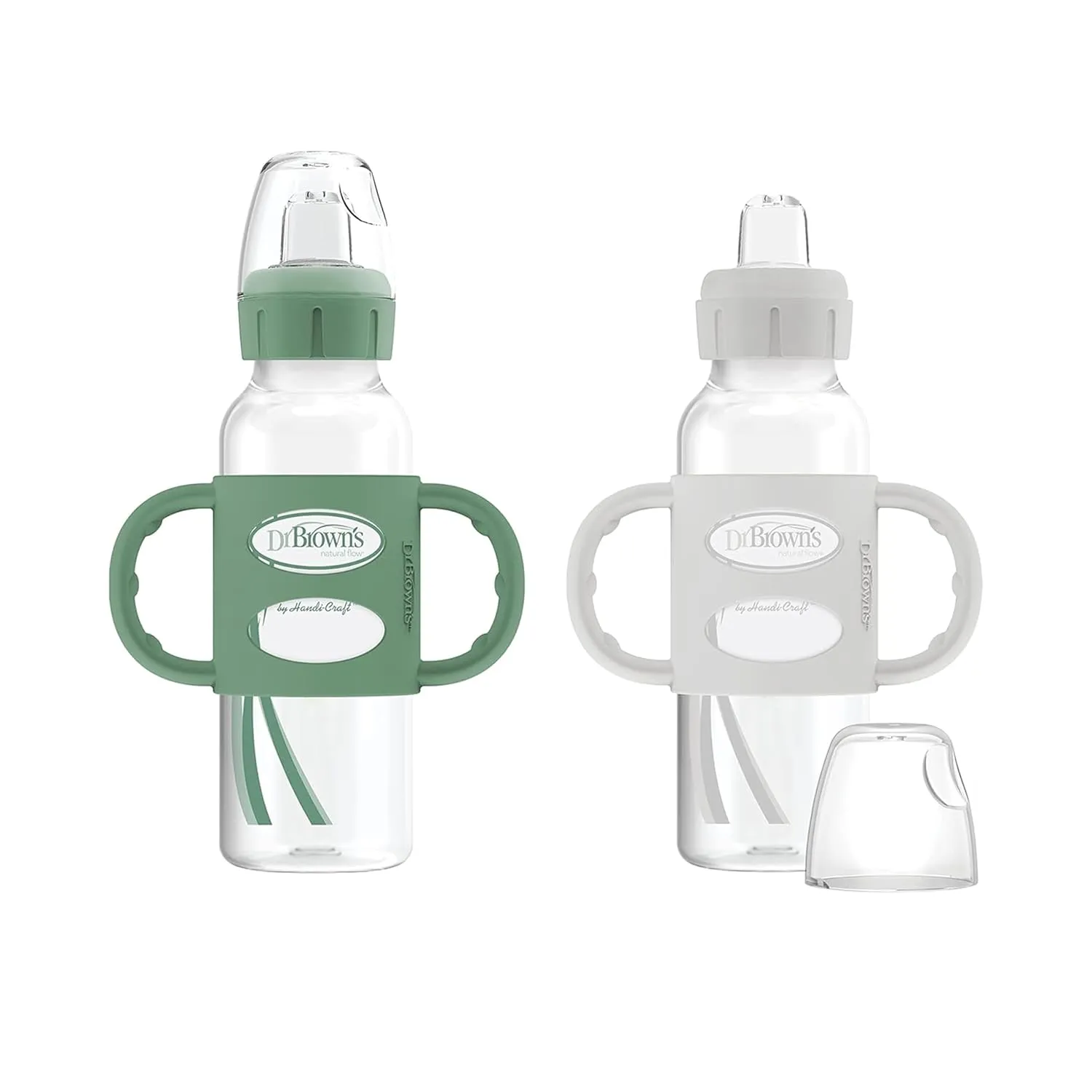 Dr. Brown's Milestones Narrow Sippy Spout Bottle with 100% Silicone Handles, Easy-Grip Handles with Soft Sippy Spout, 8oz/250mL, Green & Gray, 2-Pack, 6m 