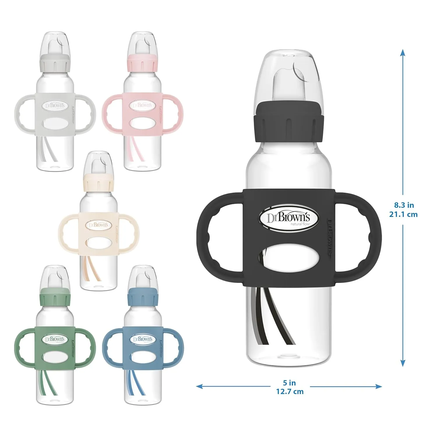 Dr. Brown's Milestones Narrow Sippy Spout Bottle with 100% Silicone Handles, Easy-Grip Handles with Soft Sippy Spout, 8oz/250mL, Green & Gray, 2-Pack, 6m 