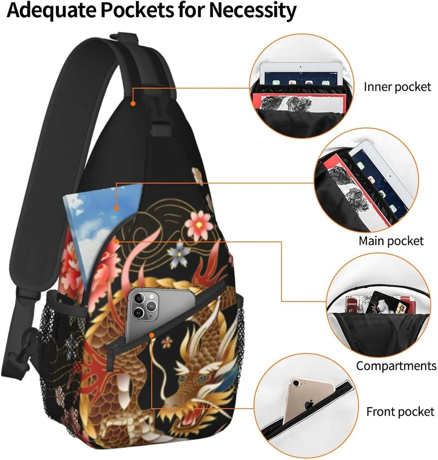 Dragon Pattern Sling Bag Crossbody Chest Daypack Casual Backpack Cool Shoulder Bag For Travel Hiking Sport Gym
