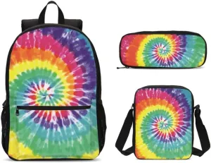 DuJiea Tie Dye Rainbow Kids Backpack Set 3 Piece Student Back To School Book Bag with Shouder Bag Pencil Case for Boys Girls 1-6th Grade