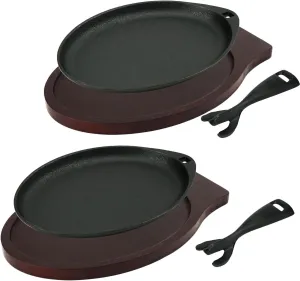 DVK 2 Cast Iron Skillet Set Sizzling Plate With Wooden Base Fajita Skillet With Removable Handle For Home Barbeque Kitchen Service