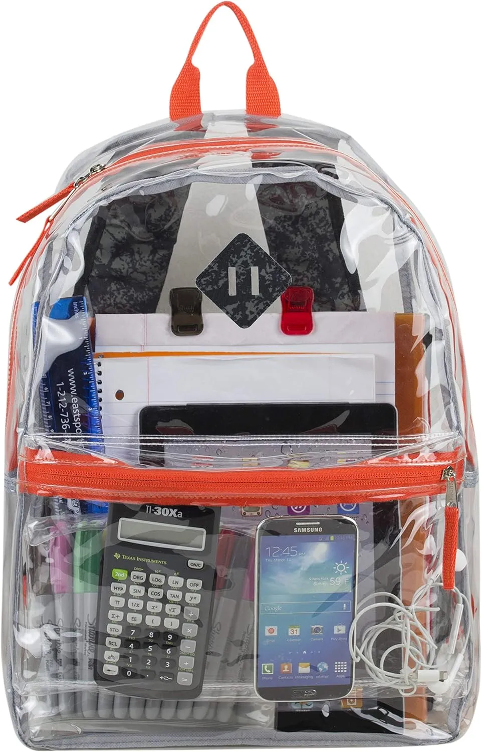 Eastsport Transparent Clear Stadium Approved Backpack Bag for Work, Festival, Concert, Parade, Black and Gray Destruction Print/Red Orange