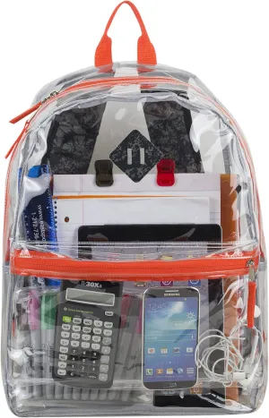 Eastsport Transparent Clear Stadium Approved Backpack Bag for Work, Festival, Concert, Parade, Black and Gray Destruction Print/Red Orange