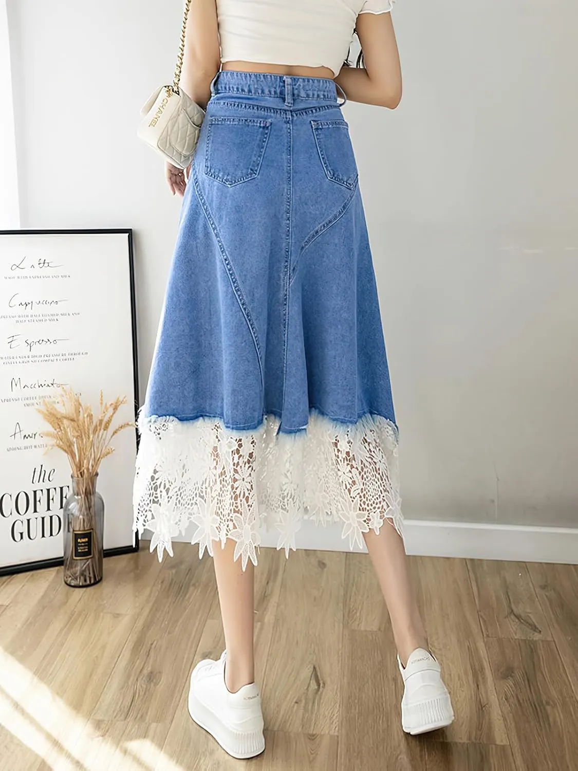 ebossy Women's Elegant Lacy Floral Denim Skirt High Waist Frayed A-Line Swing Midi Jean Skirt with Pockets
