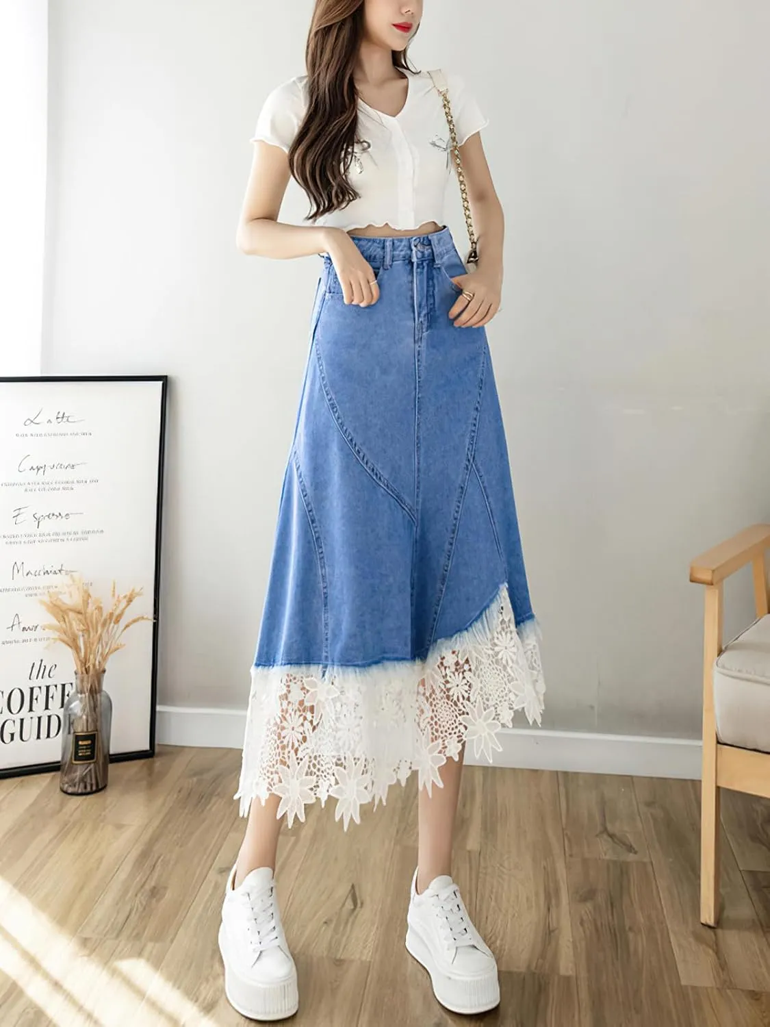 ebossy Women's Elegant Lacy Floral Denim Skirt High Waist Frayed A-Line Swing Midi Jean Skirt with Pockets
