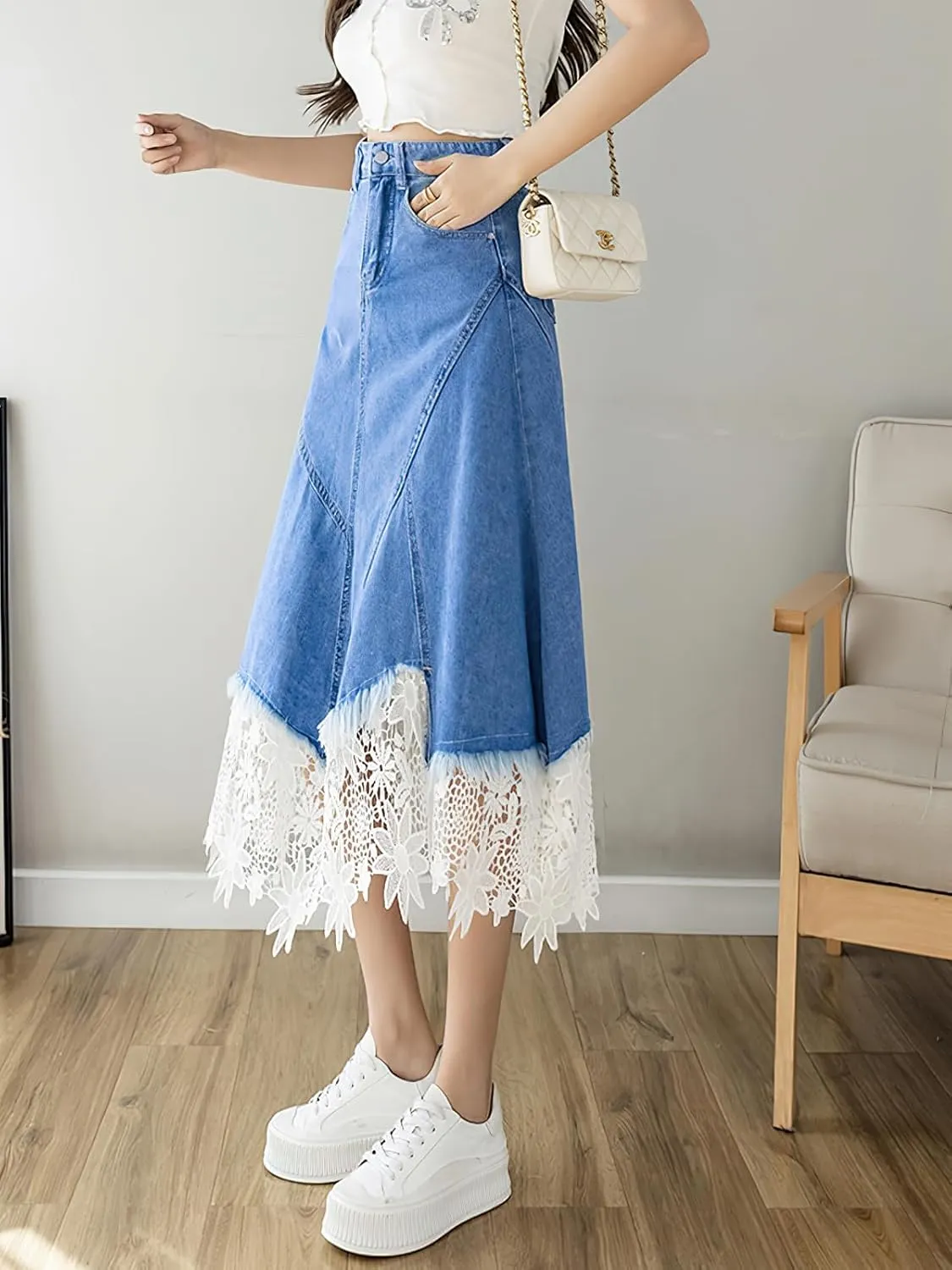 ebossy Women's Elegant Lacy Floral Denim Skirt High Waist Frayed A-Line Swing Midi Jean Skirt with Pockets