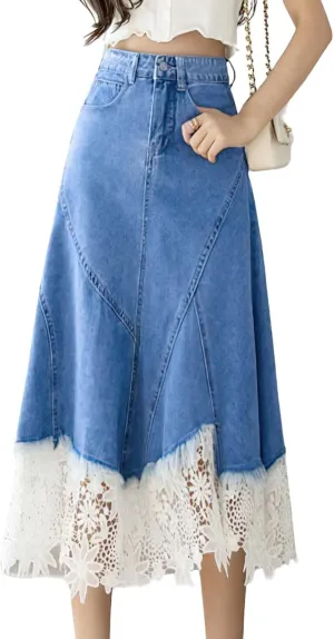 ebossy Women's Elegant Lacy Floral Denim Skirt High Waist Frayed A-Line Swing Midi Jean Skirt with Pockets