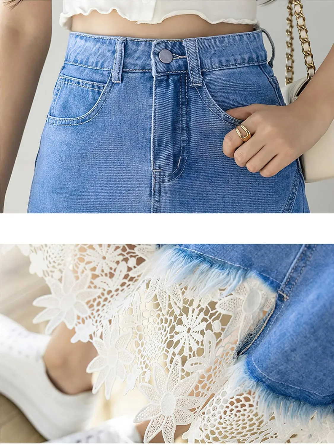 ebossy Women's Elegant Lacy Floral Denim Skirt High Waist Frayed A-Line Swing Midi Jean Skirt with Pockets