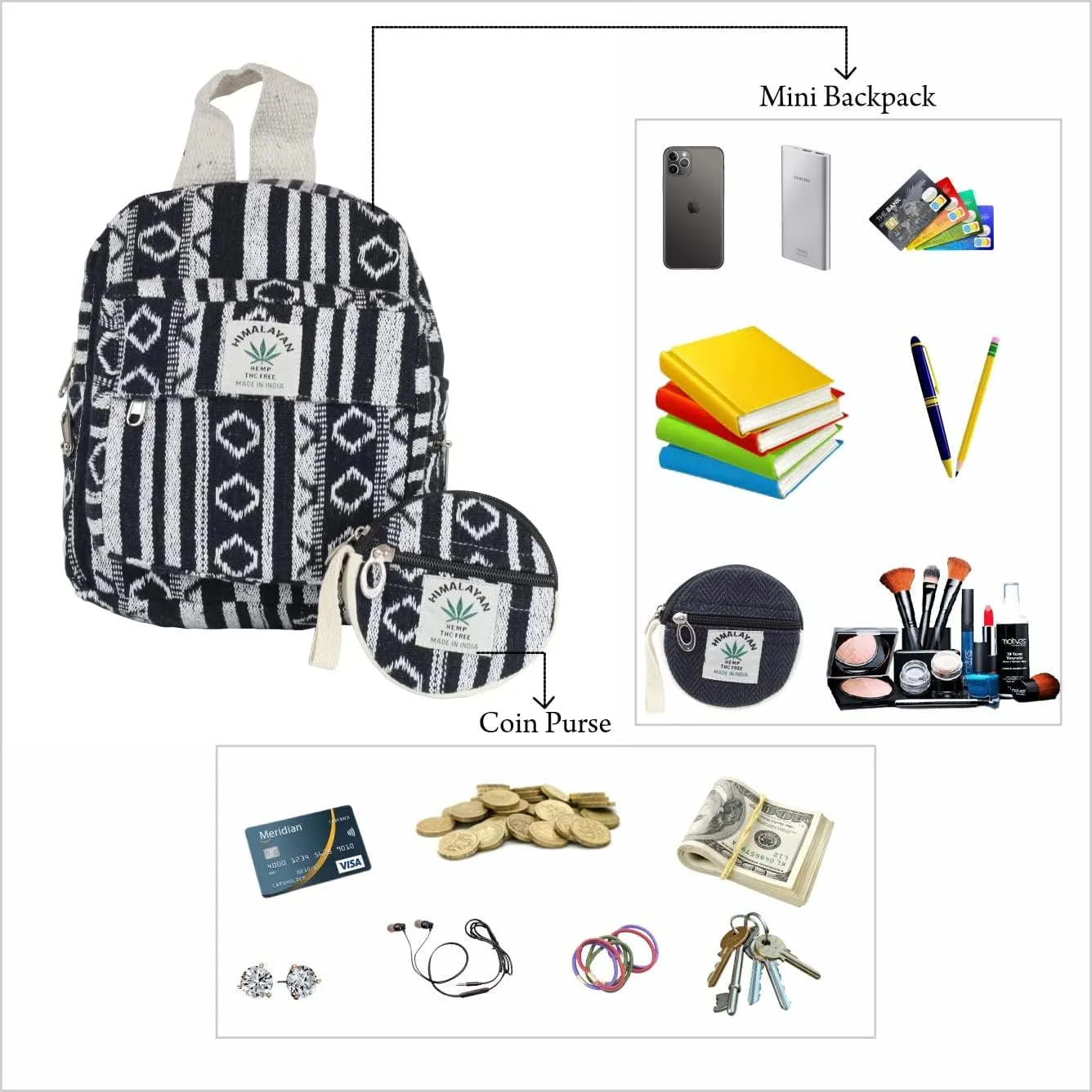 Eco Friendly Set Of Hemp Mini Backpack   Coin Purse Cute Light Weight Hemp Bag For women Girl (Black and White)