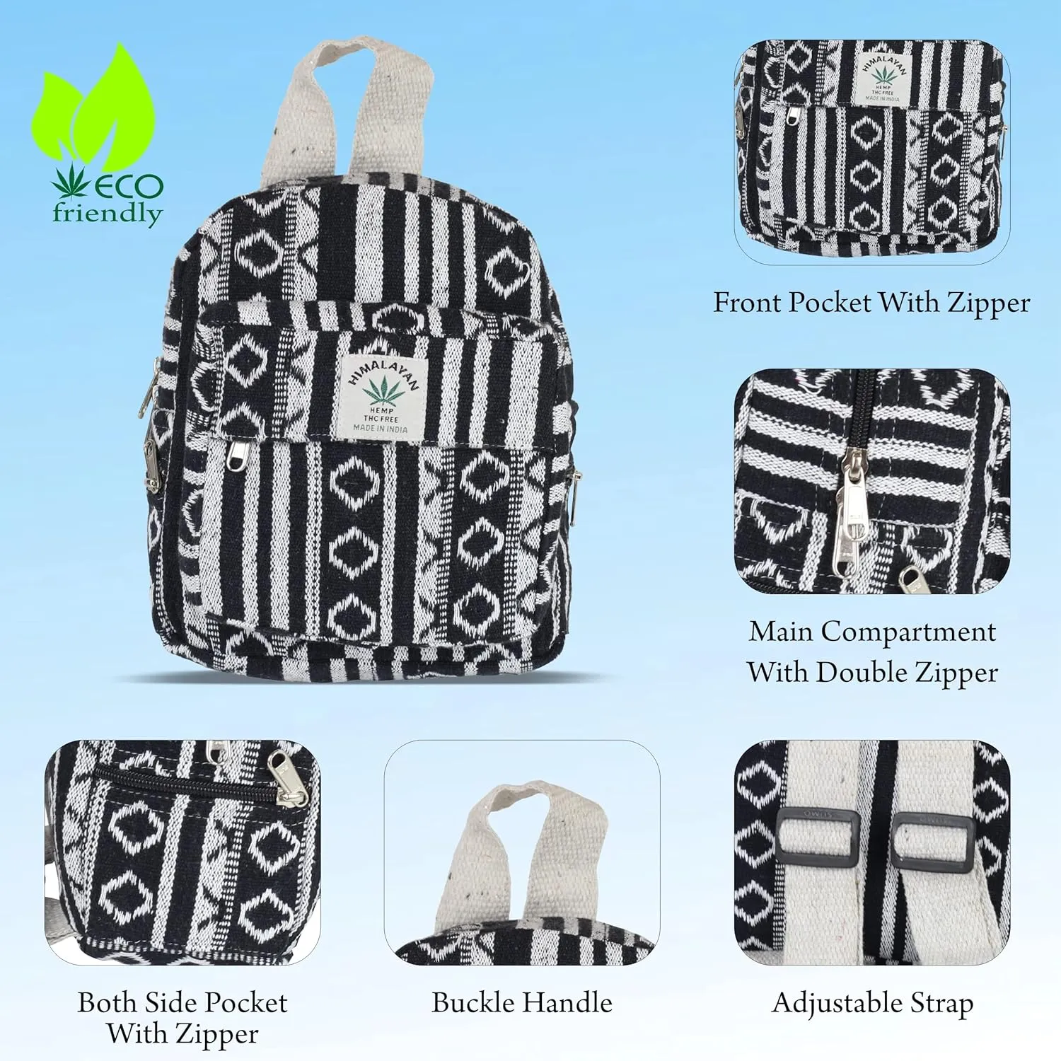 Eco Friendly Set Of Hemp Mini Backpack   Coin Purse Cute Light Weight Hemp Bag For women Girl (Black and White)