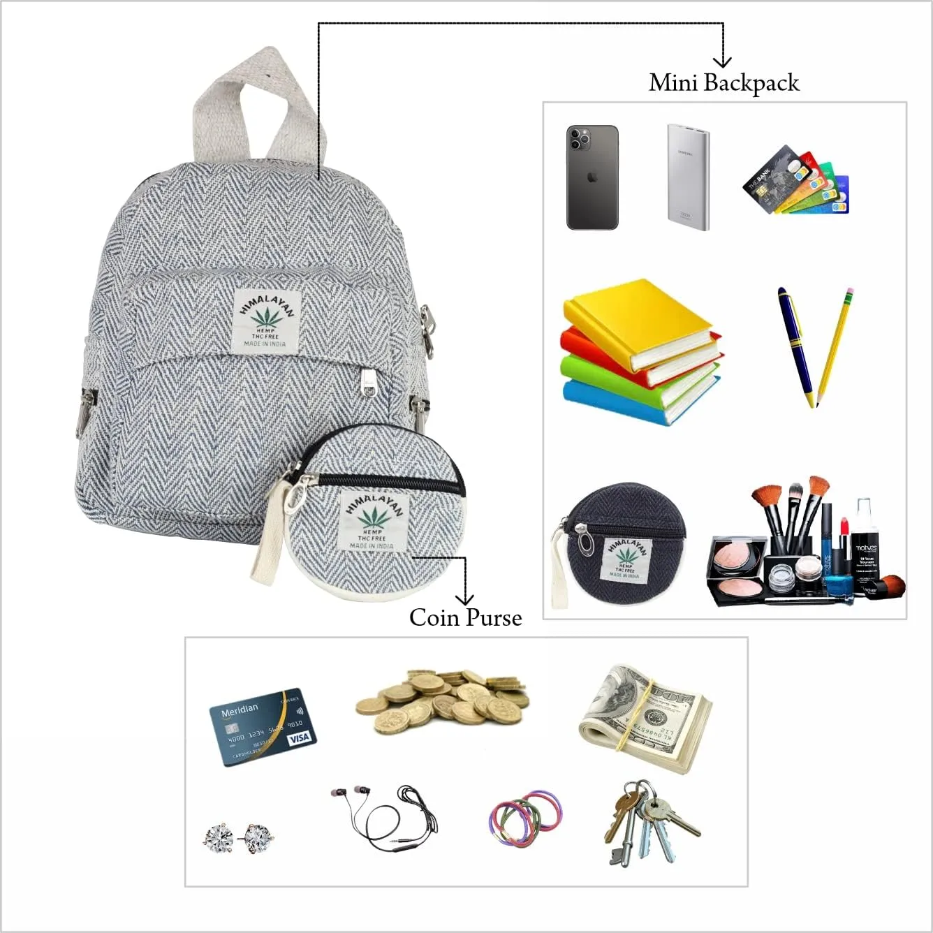 Eco Friendly Set Of Hemp Mini Backpack   Coin Purse Cute Light Weight Hemp Bag For women Girl (Blue)