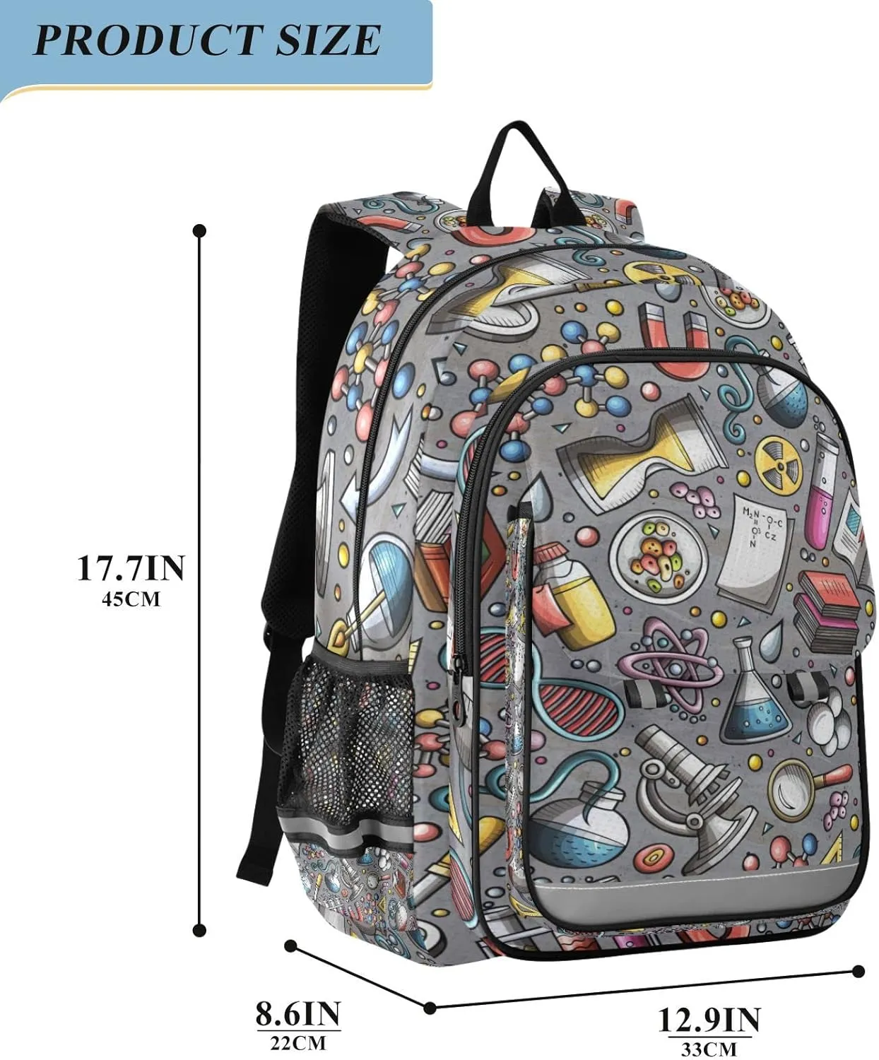 Educational Science Cartoon Cute Backpack School Bag Lightweight Laptop Backpack Student Travel Daypack with Reflective Stripes