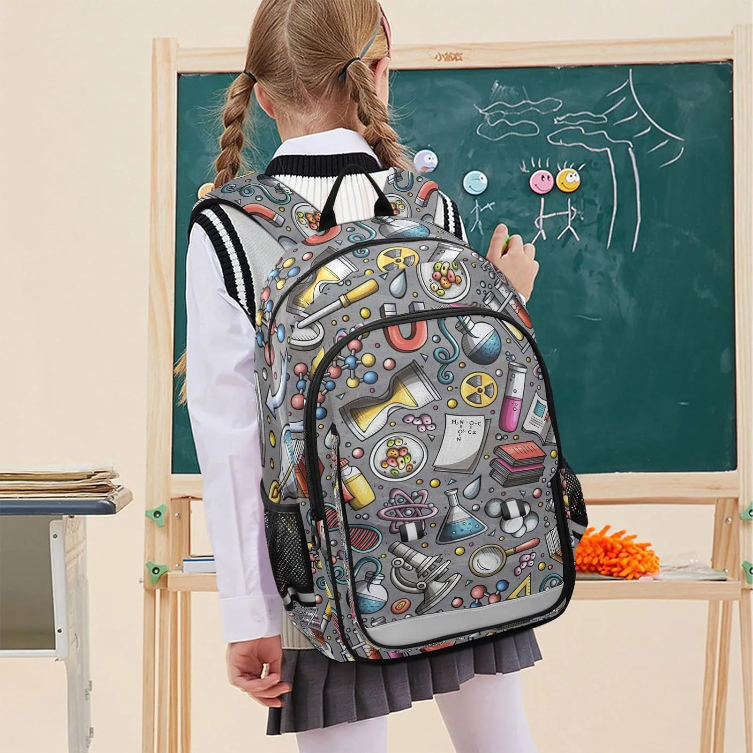 Educational Science Cartoon Cute Backpack School Bag Lightweight Laptop Backpack Student Travel Daypack with Reflective Stripes