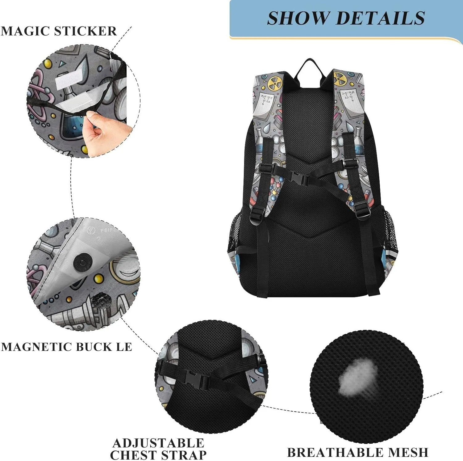 Educational Science Cartoon Cute Backpack School Bag Lightweight Laptop Backpack Student Travel Daypack with Reflective Stripes