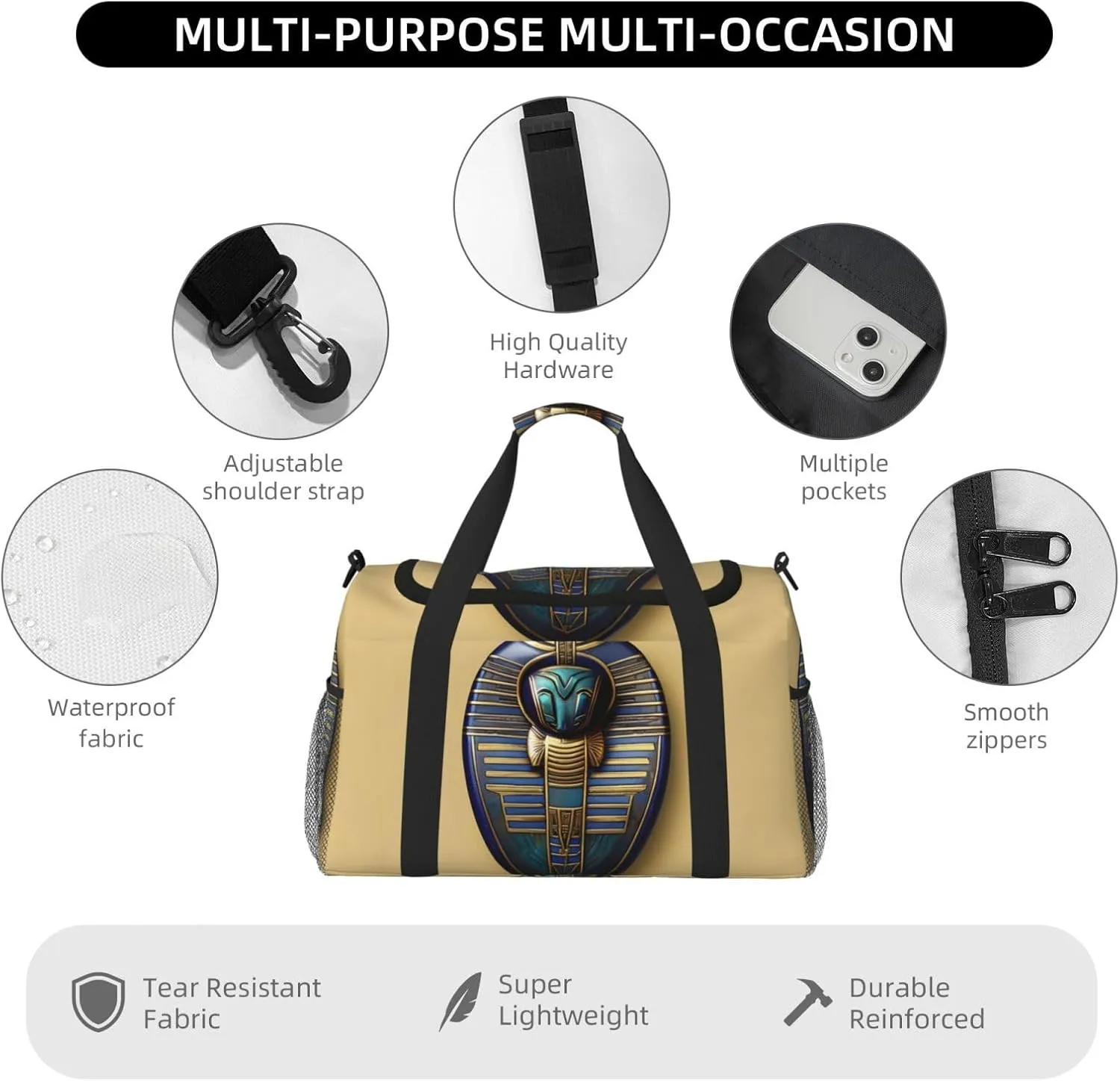 Egyptian Scarabs Travel Duffel Bag With Zippers And Handles, Big Foldable Duffle Bag For Family Vacations