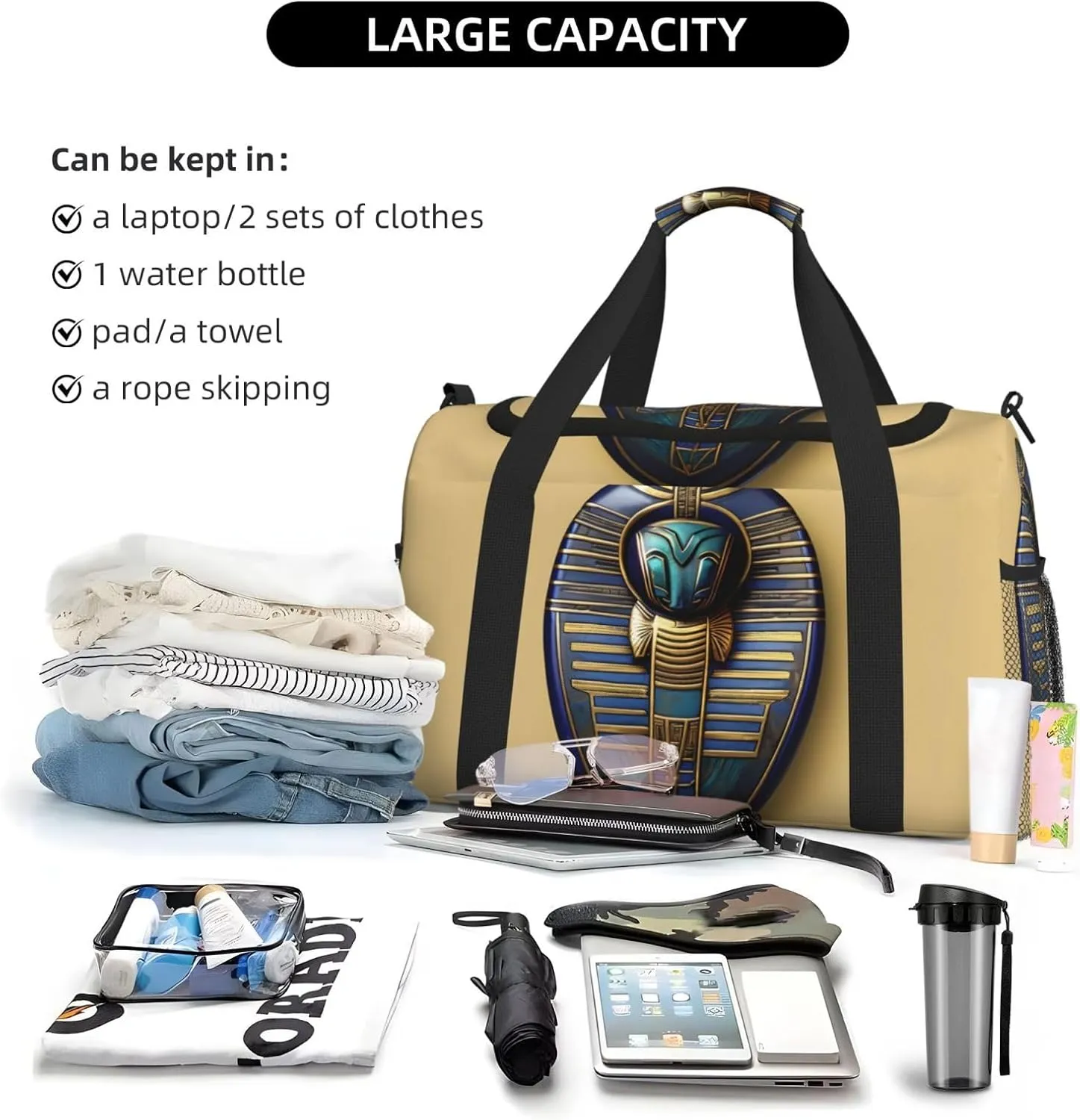 Egyptian Scarabs Travel Duffel Bag With Zippers And Handles, Big Foldable Duffle Bag For Family Vacations