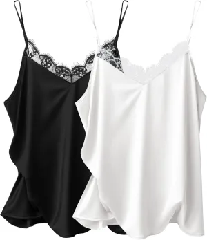 Ekouaer Women's 2 PCS Cami Top Satin Tank Top Adjustable Spaghetti Strap Camisole