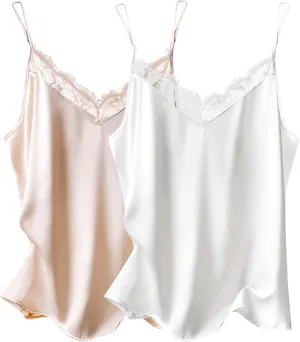 Ekouaer Women's 2 PCS Cami Top Satin Tank Top Adjustable Spaghetti Strap Camisole