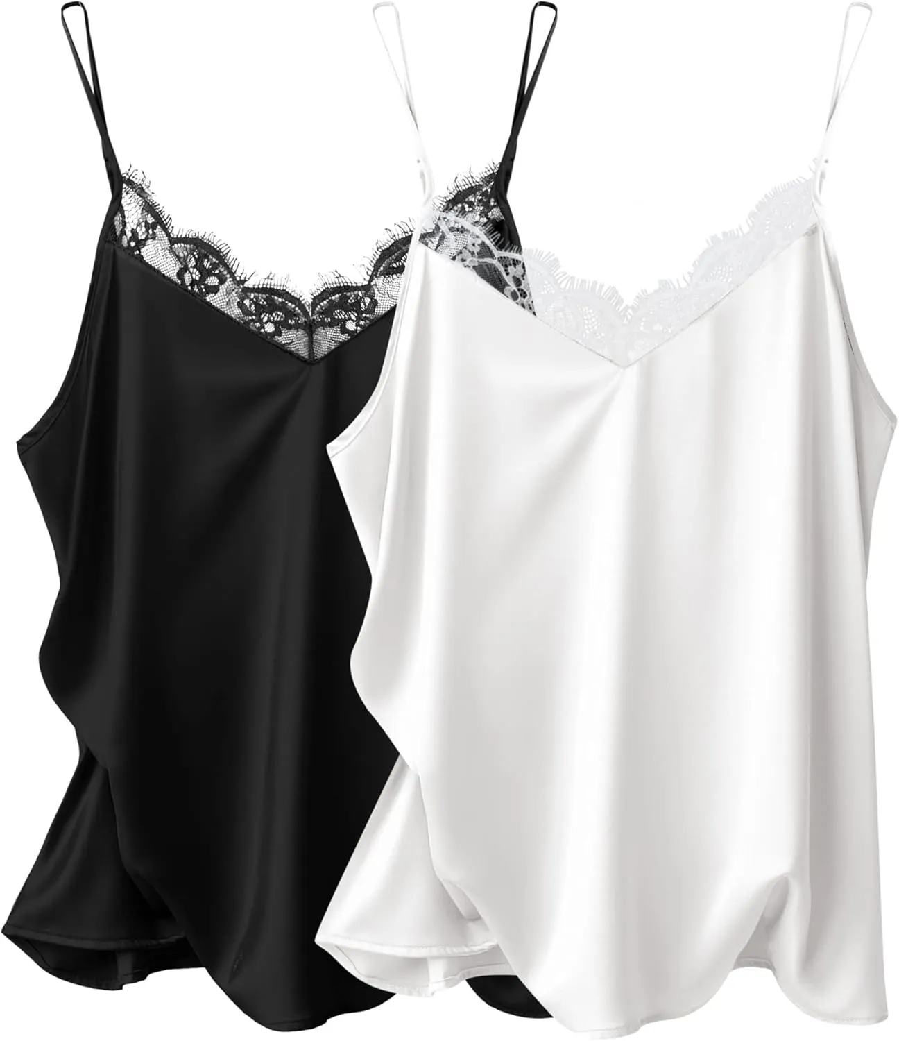 Ekouaer Women's 2 PCS Cami Top Satin Tank Top Adjustable Spaghetti Strap Camisole