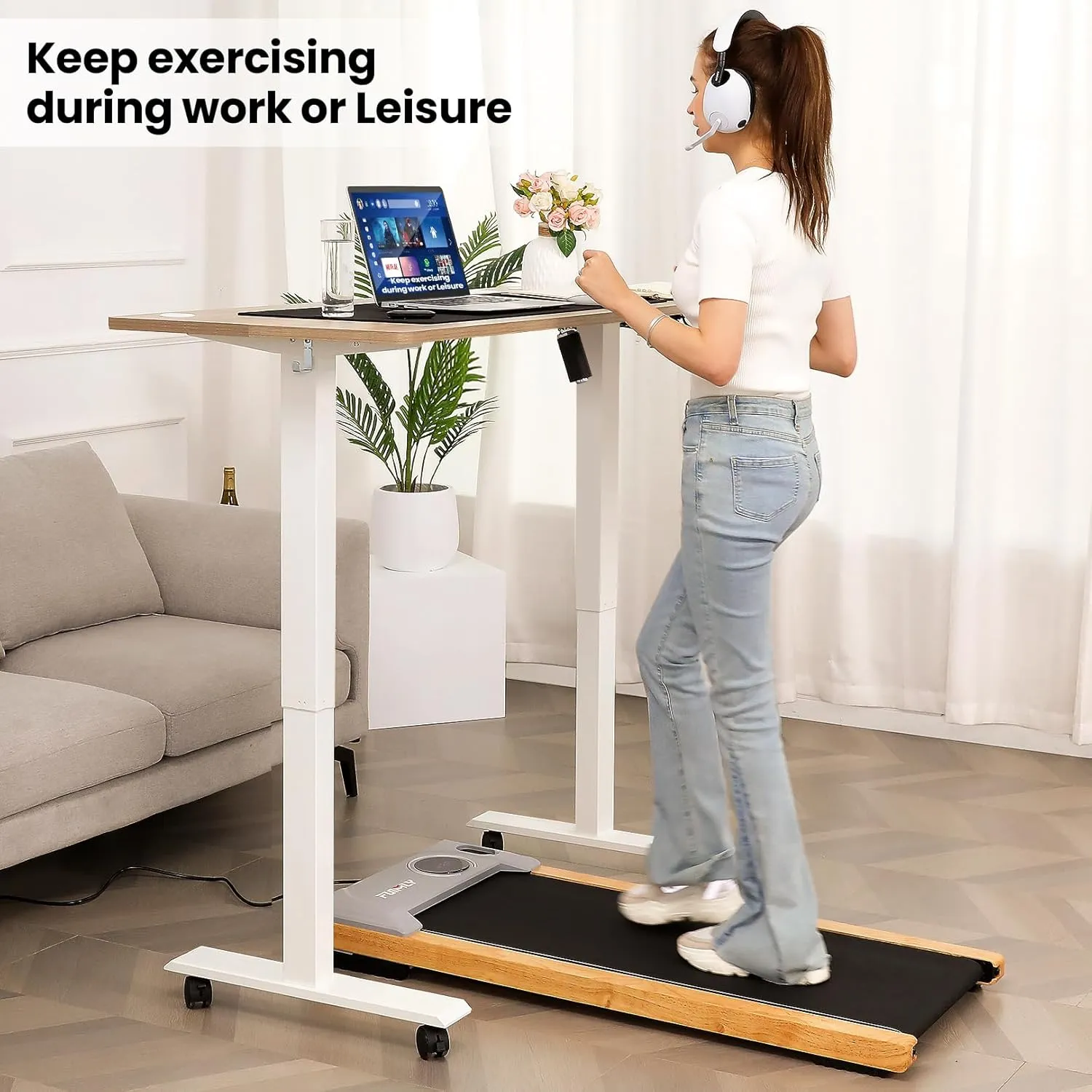 Electric Standing Desk 48x24 in with Wheels, Adjustable Height 27-46 in, Ergonomic Office Gaming Desk with Curved Desktop and Hooks, Spacious and Sturdy Computer Workstation(White)
