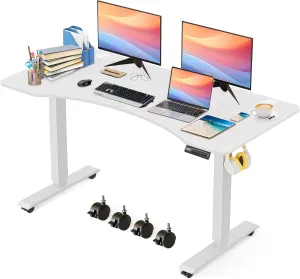 Electric Standing Desk 48x24 in with Wheels, Adjustable Height 27-46 in, Ergonomic Office Gaming Desk with Curved Desktop and Hooks, Spacious and Sturdy Computer Workstation(White)