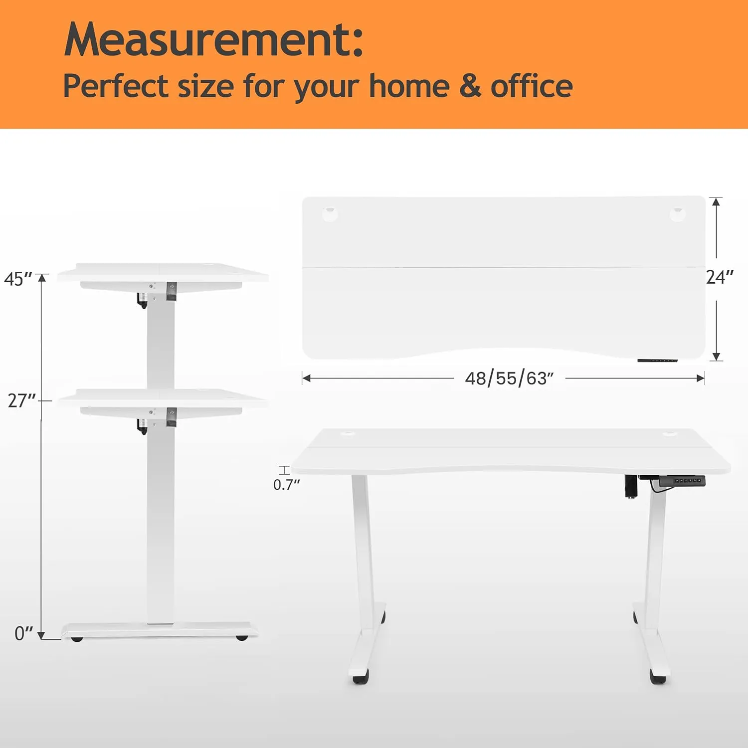 Electric Standing Desk 48x24 in with Wheels, Adjustable Height 27-46 in, Ergonomic Office Gaming Desk with Curved Desktop and Hooks, Spacious and Sturdy Computer Workstation(White)