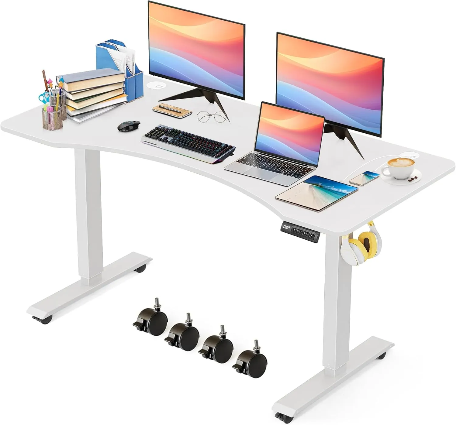Electric Standing Desk 48x24 in with Wheels, Adjustable Height 27-46 in, Ergonomic Office Gaming Desk with Curved Desktop and Hooks, Spacious and Sturdy Computer Workstation(White)