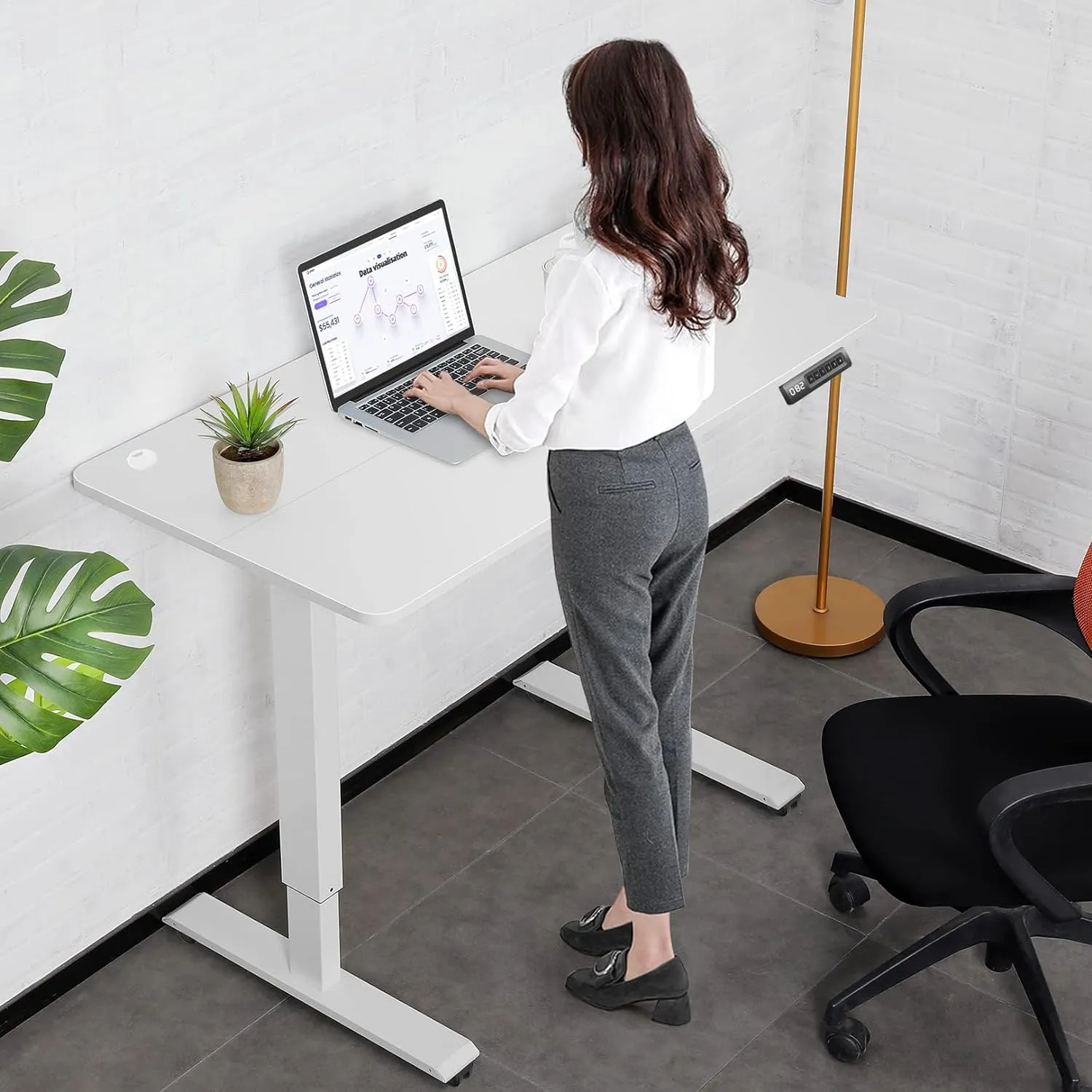 Electric Standing Desk 48x24 in with Wheels, Adjustable Height 27-46 in, Ergonomic Office Gaming Desk with Curved Desktop and Hooks, Spacious and Sturdy Computer Workstation(White)