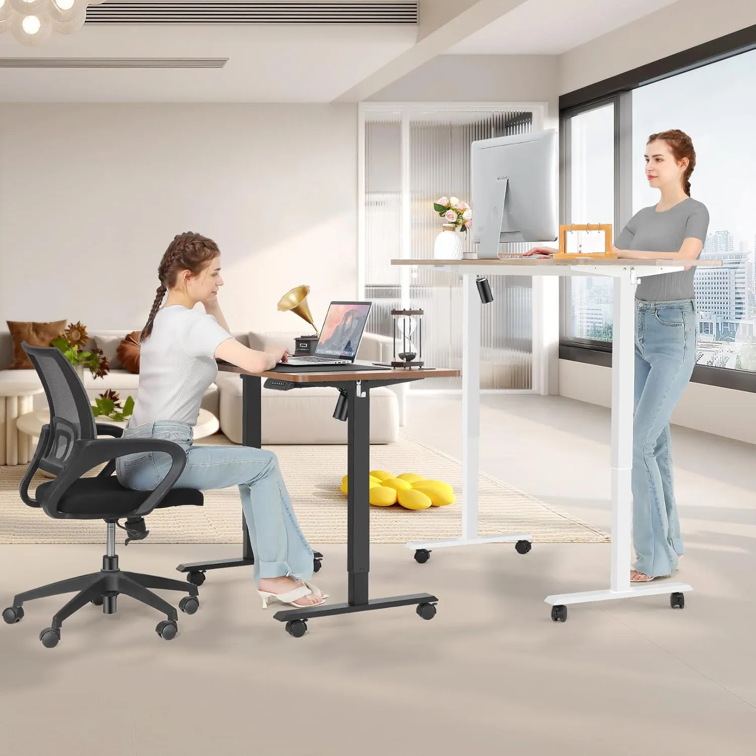 Electric Standing Desk 48x24 in with Wheels, Adjustable Height 27-46 in, Ergonomic Office Gaming Desk with Curved Desktop and Hooks, Spacious and Sturdy Computer Workstation(White)