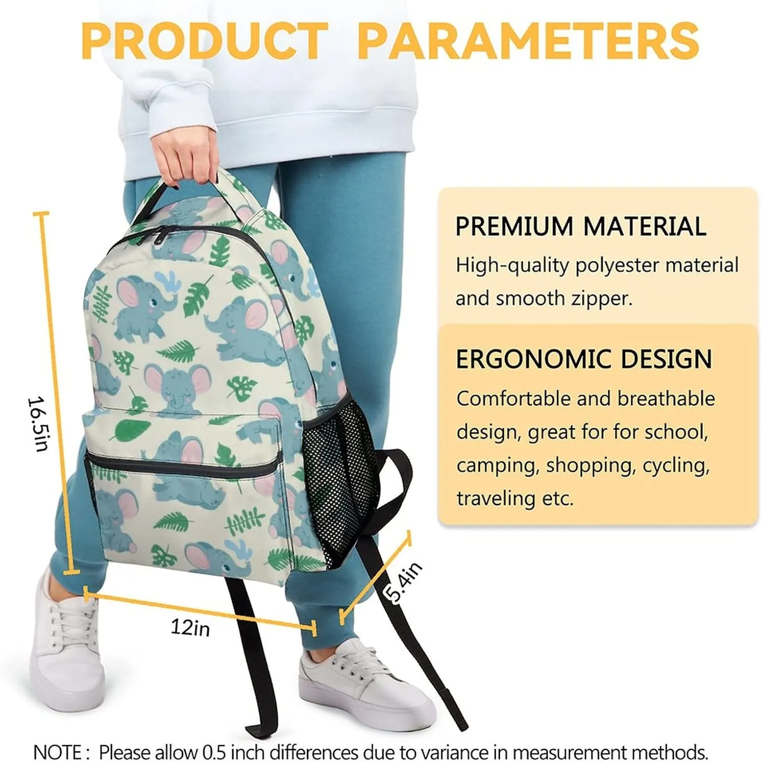 Elephant Backpacks for Girls, Boys - 16 Inch Cute Backpack for School - Green, Large Capacity, Durable, Lightweight Bookbag for Kids Travel