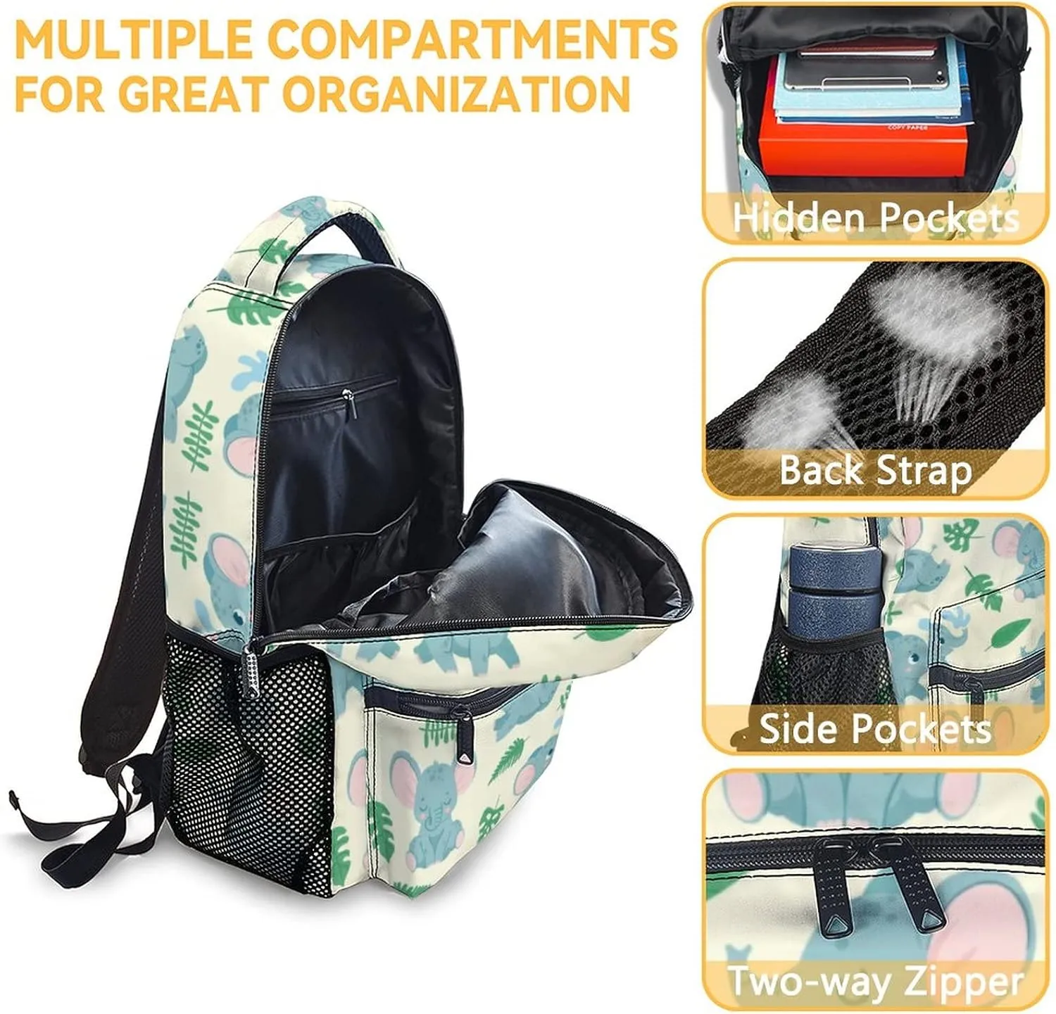 Elephant Backpacks for Girls, Boys - 16 Inch Cute Backpack for School - Green, Large Capacity, Durable, Lightweight Bookbag for Kids Travel