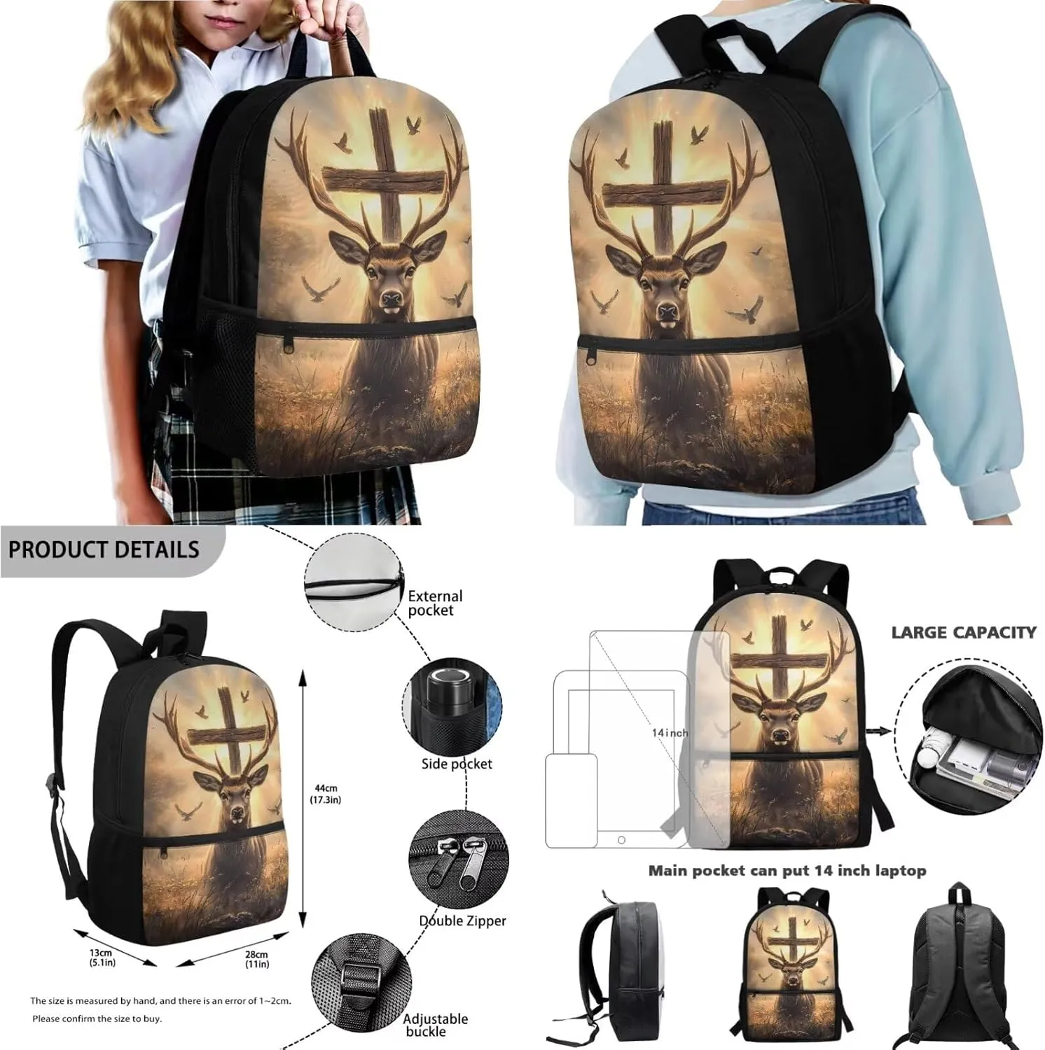 Elk Cross Dove Print Backpack for Boys Girls School Bag with Lunch Bag Pencil Case and Water Bottle Holder Set Kids 4 in 1 Bookbag Back Packs Satchel Travel Rucksack with Zipper Pocket