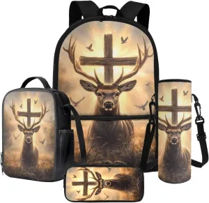 Elk Cross Dove Print Backpack for Boys Girls School Bag with Lunch Bag Pencil Case and Water Bottle Holder Set Kids 4 in 1 Bookbag Back Packs Satchel Travel Rucksack with Zipper Pocket