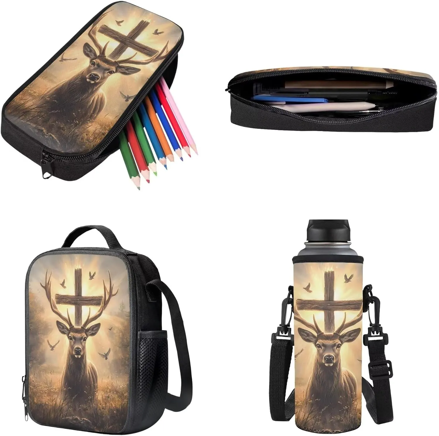 Elk Cross Dove Print Backpack for Boys Girls School Bag with Lunch Bag Pencil Case and Water Bottle Holder Set Kids 4 in 1 Bookbag Back Packs Satchel Travel Rucksack with Zipper Pocket