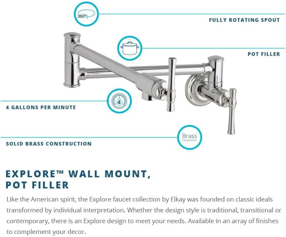 Elkay Explore LKEC2091LS Single Hole Wall Mount Pot Filler Kitchen Faucet with Lever Handles, Lustrous Steel