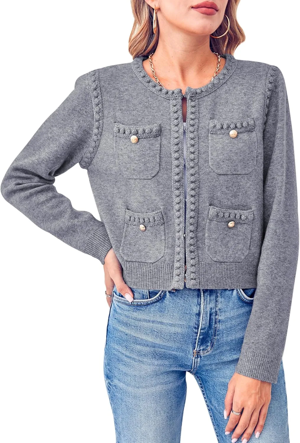 Esobo Womens Knit Cardigan Sweaters Open Front Long Sleeve Cropped Trendy Jacket Outerwear