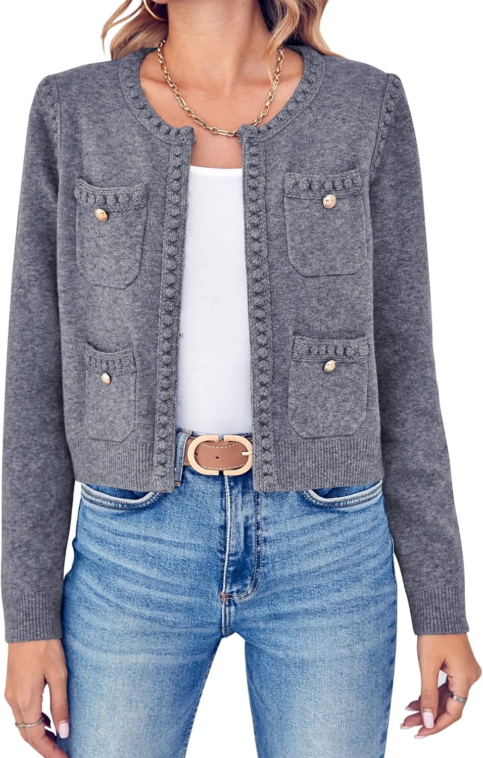Esobo Womens Knit Cardigan Sweaters Open Front Long Sleeve Cropped Trendy Jacket Outerwear