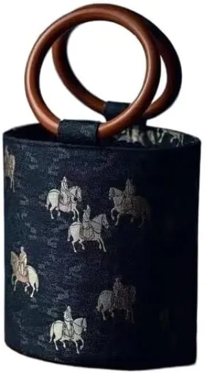 Ethnic Style Circular Ring with Wooden Handle Retro Bucket Bag
