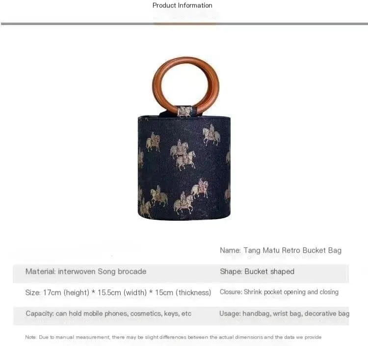 Ethnic Style Circular Ring with Wooden Handle Retro Bucket Bag