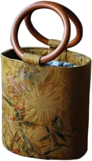 Ethnic Style Circular Ring with Wooden Handle Retro Bucket Bag