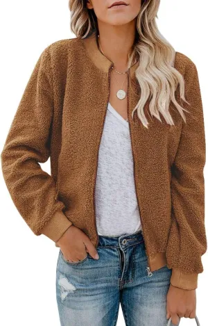 Eurivicy Women Fleece Jacket Winter Bomber Long Sleeve Faux Sherpa Fuzzy Casual Zip Up Coat Pocket
