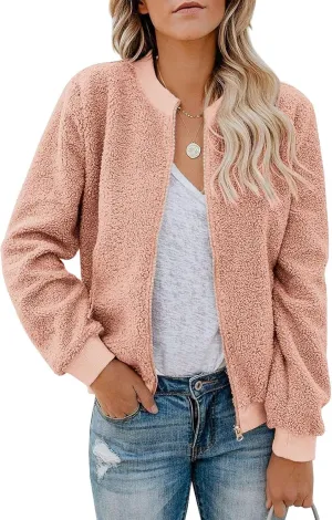 Eurivicy Women Fleece Jacket Winter Bomber Long Sleeve Faux Sherpa Fuzzy Casual Zip Up Coat Pocket