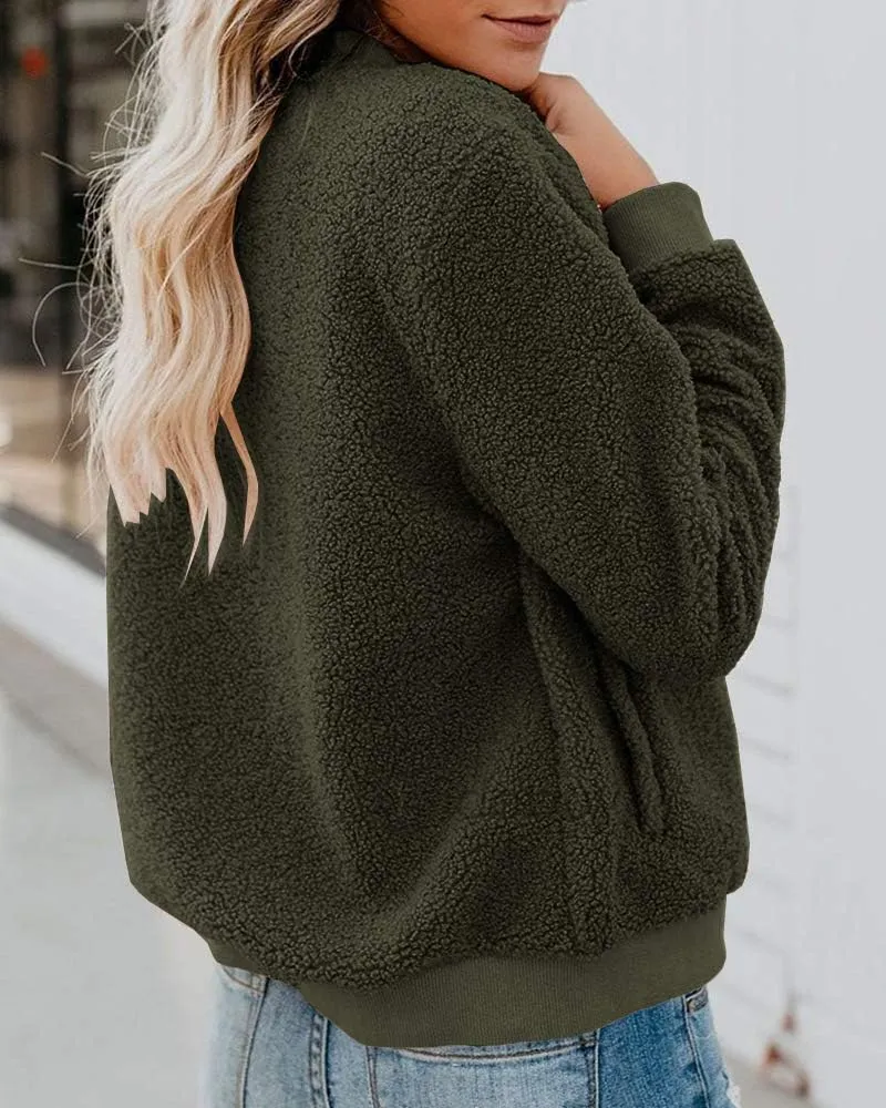 Eurivicy Women Fleece Jacket Winter Bomber Long Sleeve Faux Sherpa Fuzzy Casual Zip Up Coat Pocket