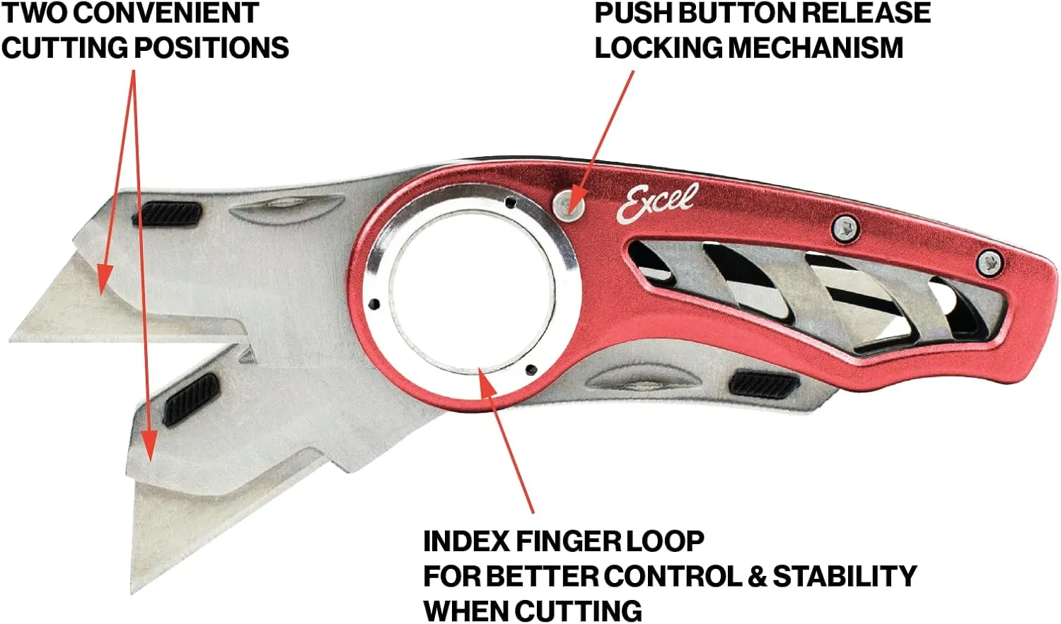 Excel Blades Revo Folding Pocket Utility Knife - Aluminum Body Heavy Duty Box Cutter with Holster, Anti-Slip Finger Loop Design Grip, Quick Change Blades and 3 Lock Positions Design, Red