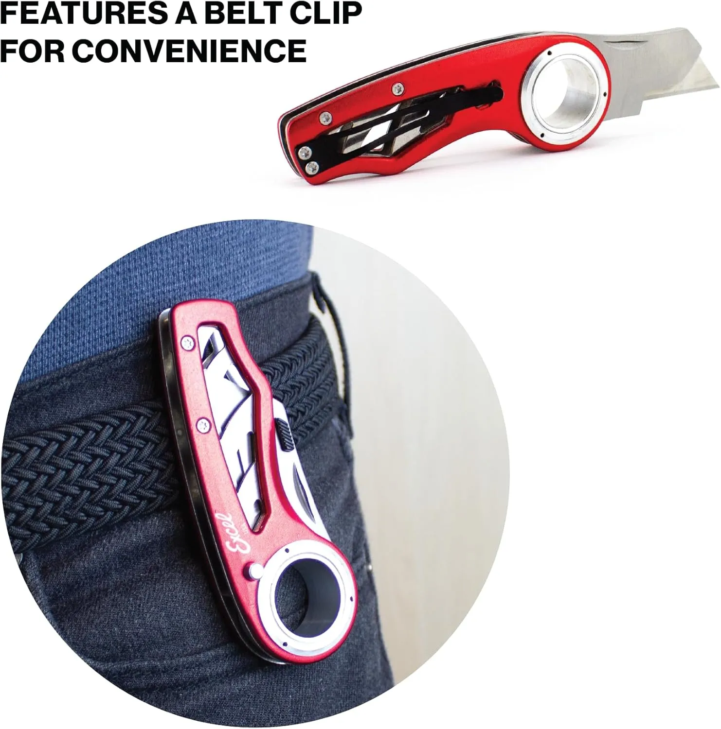 Excel Blades Revo Folding Pocket Utility Knife - Aluminum Body Heavy Duty Box Cutter with Holster, Anti-Slip Finger Loop Design Grip, Quick Change Blades and 3 Lock Positions Design, Red