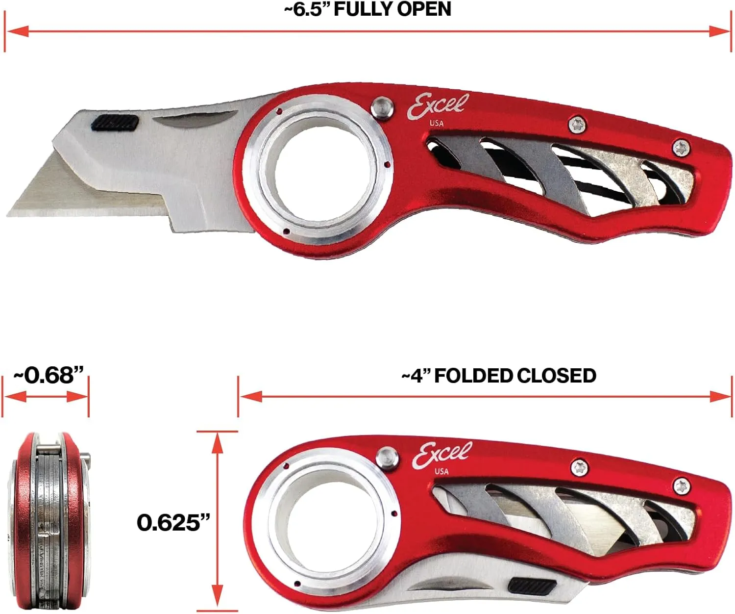 Excel Blades Revo Folding Pocket Utility Knife - Aluminum Body Heavy Duty Box Cutter with Holster, Anti-Slip Finger Loop Design Grip, Quick Change Blades and 3 Lock Positions Design, Red